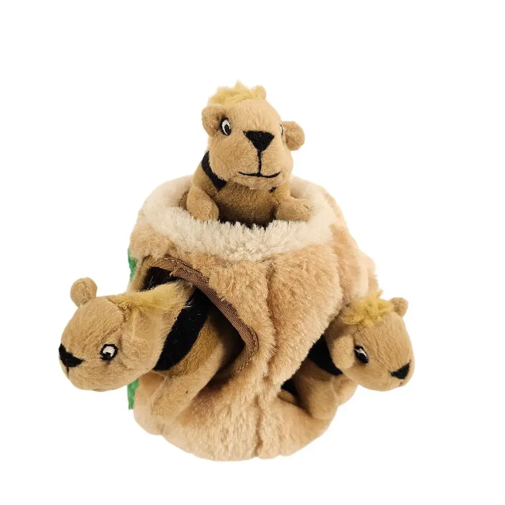 Dog Toy Outward  Hound Plush Squirrel Tree Stump Hideaway Toy Set 3 Squirrels